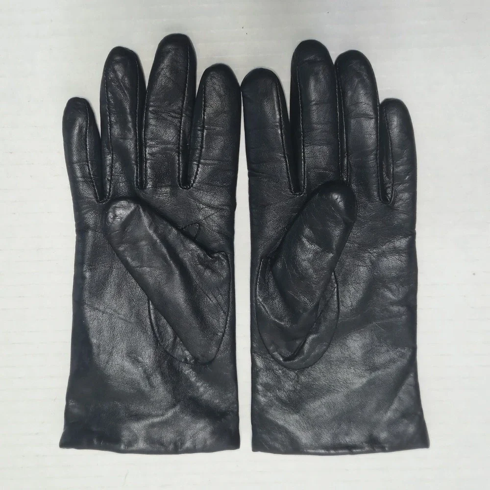 AIGNER Womens M Black Leather Gloves 100% Cashmere Lined Winter‎ Driving Warm